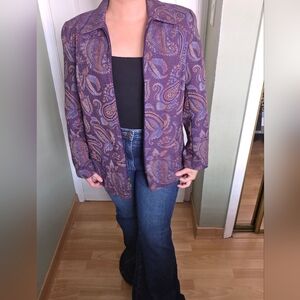 VTG. Purple Tapestry Paisley Zip-Up Artsy Boho Gold Detail Jacket Size Large